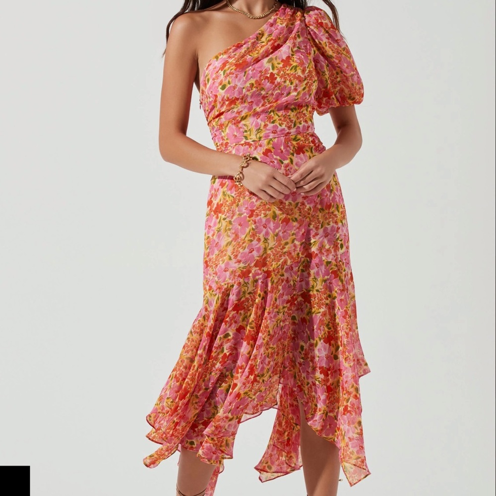 ASTR One-Shoulder Pink and Orange Floral Midi Dress